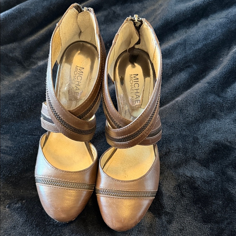 Michael Kors Brown Leather Strappy Heels with Crossover Detail